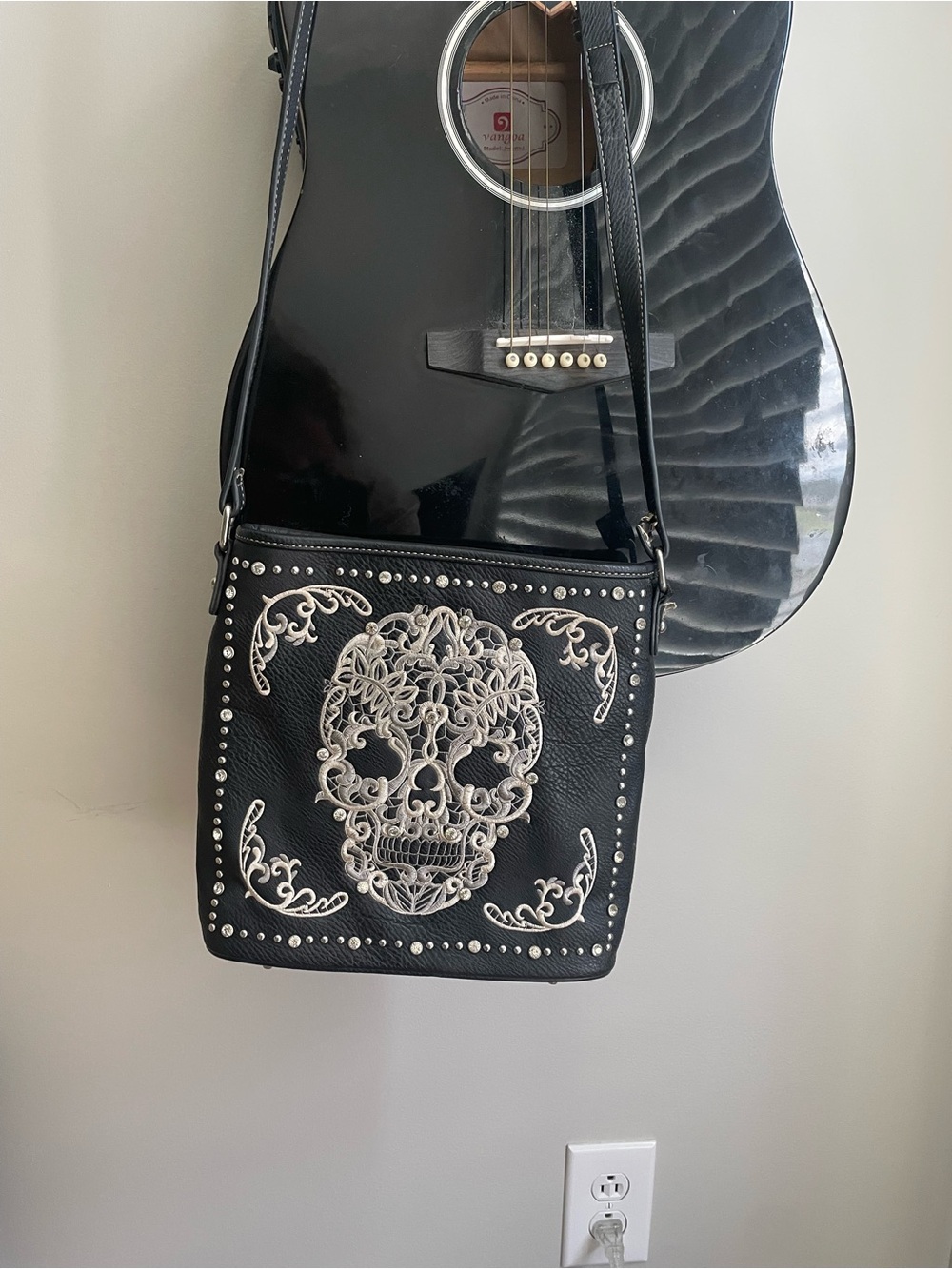 Montana West Black Crossbody Bag with White Skull Embroidery